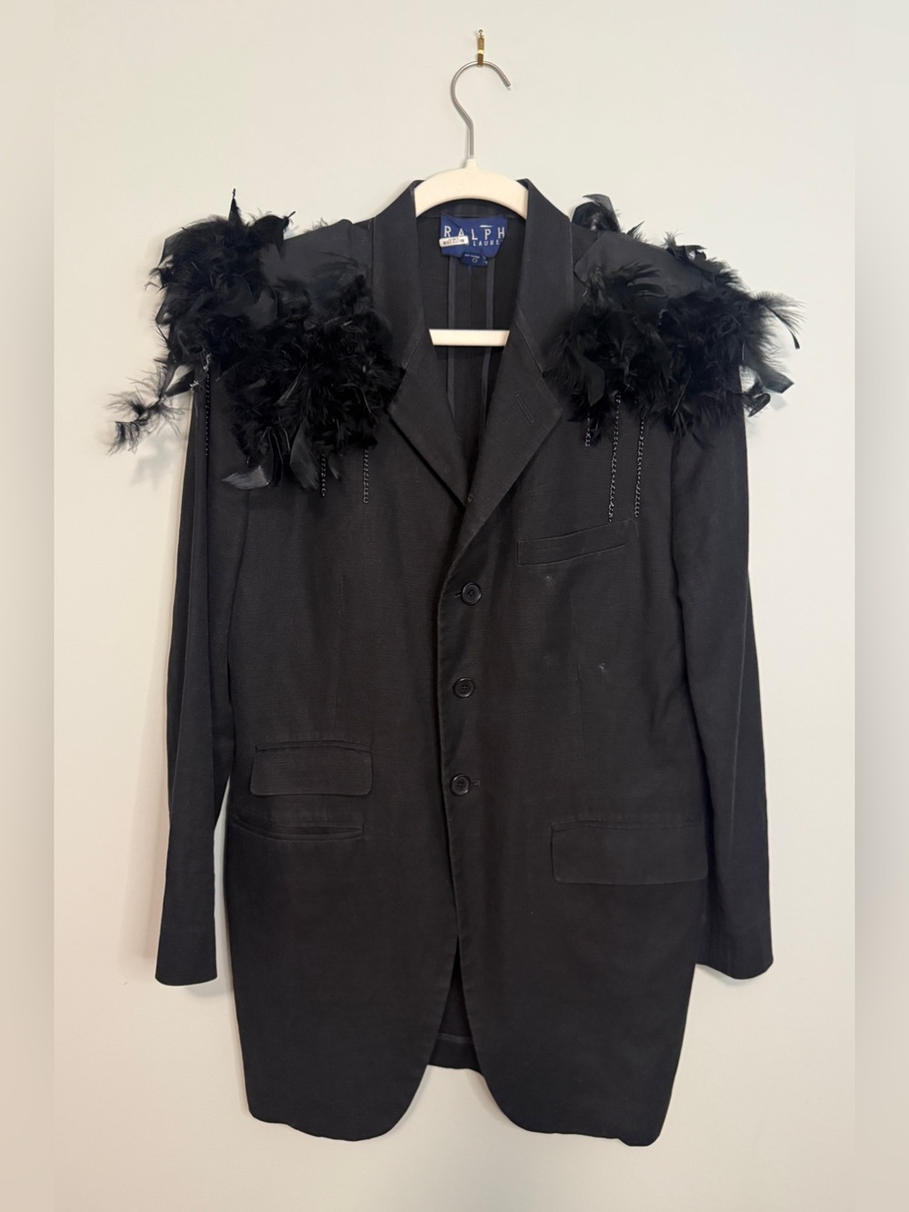 Ralph Lauren DIY Feather Blazer Chain Gothic Avant Garde Black Linen Blend Jacke